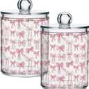 Gredecor 2 Pack Qtip Holder Clear Aesthetic Pink Ribbon Bow Doodle Apothecary Jars with Lids Acrylic Bathroom Jars Vanity Countertop Canister Storage Organizer for Cotton Ball,Swabs,Pads,Floss