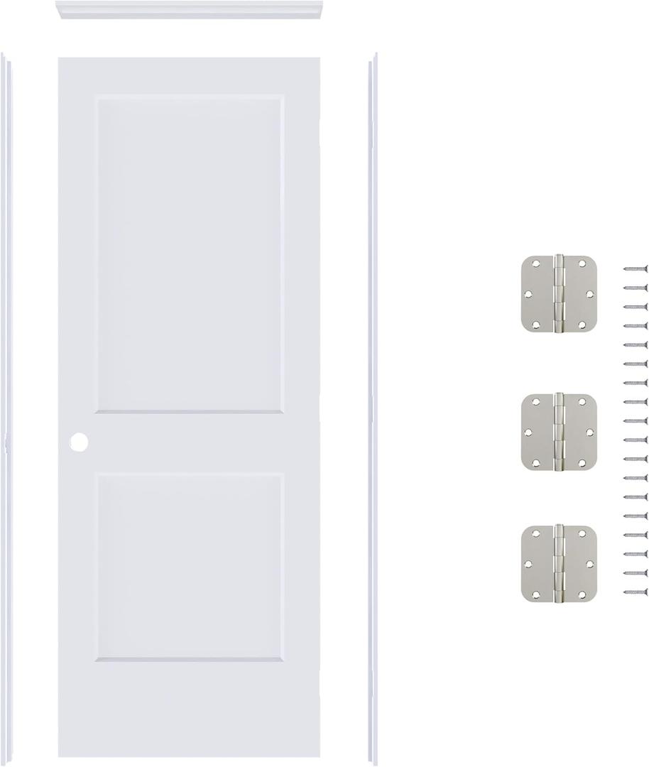 JUBEST 32"x80" Left-Hand Prehung Interior Door with Knock Down Jamb Kit & Satin Nickel Hinges, 2-Panel White Primed Hollow Core Molded Door Slab with Bore & Hinge Cutout, Durable & Sturdy, No Handle