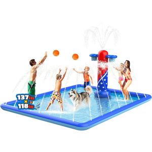 ODOSOLA 137x118'' Large Splash Pad for Kids 3-12 & Dogs, 2-in-1 Sprinkler Pad with Basketball Hoop/Ball Toss, Thickened Non-Slip Water Mat, Foldable Outdoor Summer Toy for Backyard/Pool/Beach