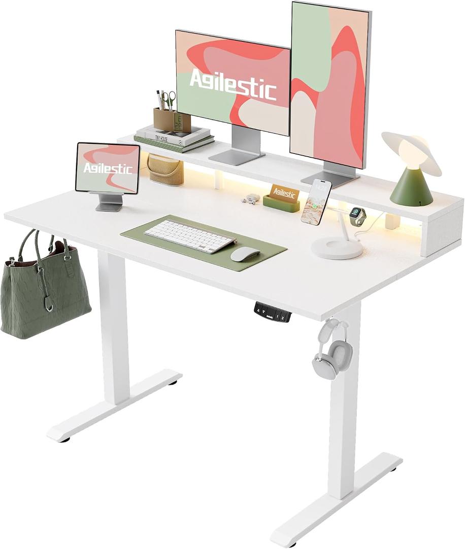 Agilestic 48x24 Inch Electric Standing Desk with Shelf, Height Adjustable Desk with Power Outlets & LED, Sit Stand Up Table with Monitor Stand, Computer Workstation, White, 48 x 24 Inches with led and power strips