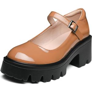 Women's Mary Jane Shoes - Platform Mary Janes for Women, Black Leather Round Toe Chunky Dress Shoes with Adjustable Ankle Strap (7, Brown)