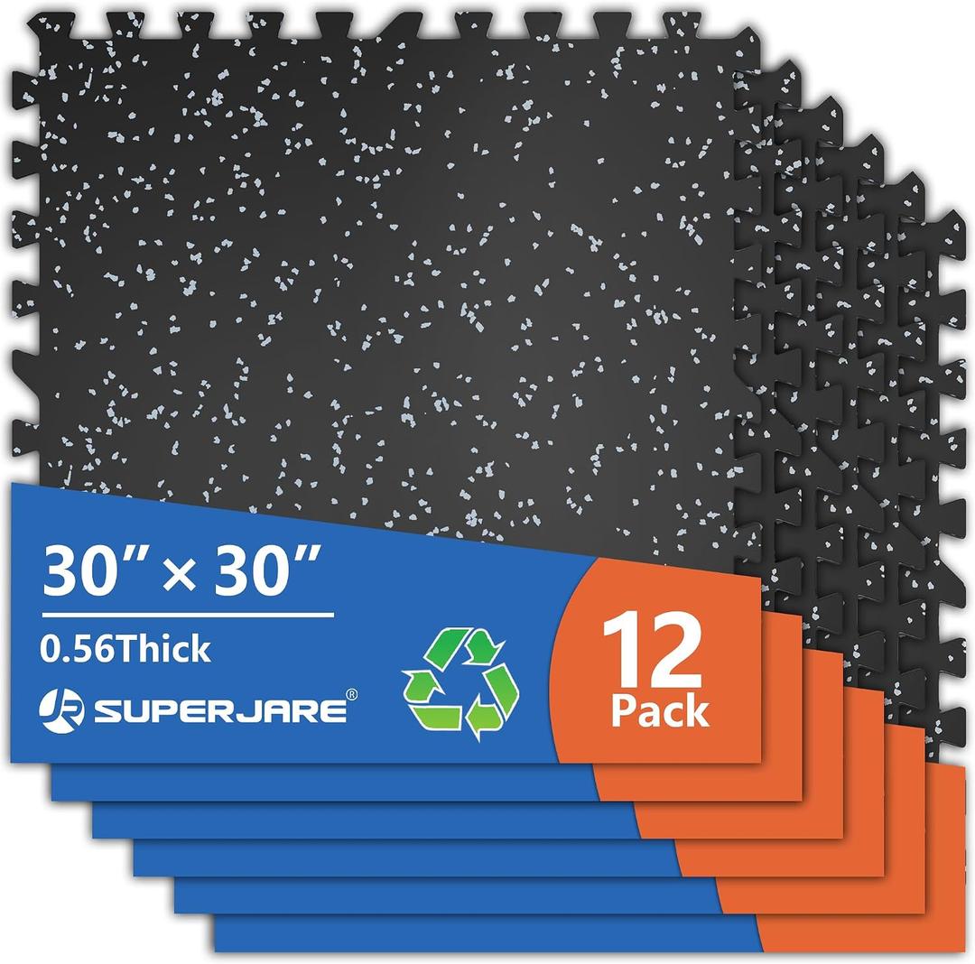 SUPERJARE 30" x 30" Larger Rubber Top Exercise Equipment Mats, 0.56" Thick 12PCS 75 Sq Ft High-Density EVA Foam Interlocking Gym Flooring, Big Workout Mat for Home Gym, Floor Protection, Black/Grey