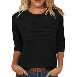 JomeDesign 3/4 Length Sleeve Womens Tops Round Neck Casual Tunic Tops Pleated Shirts Dressy (Small, Black)