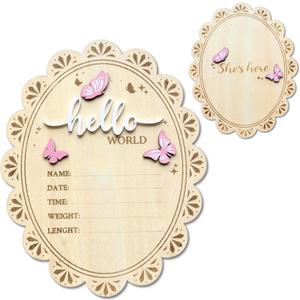 2 x Baby Announcement Sign, Hello World Newborn Sign for Hospital, Shes Here Card, Wooden Newborn Photography Props Double-Sided, Birth Announcement Sign, Gifts baby Shower, Nursery Room Decoration (QR2)