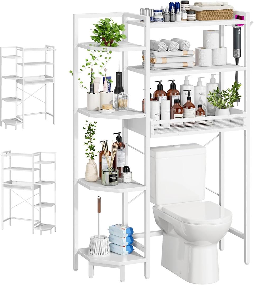 K1 Heavy Duty 7-Tier Over The Toilet StorageWith Basket and Paper HookFreestanding Above Toilet Shelf with Adjustable FeetSpace Saver Bathroom Shelves 9.3"D x 33.5"W x 63.8"HBeige White
