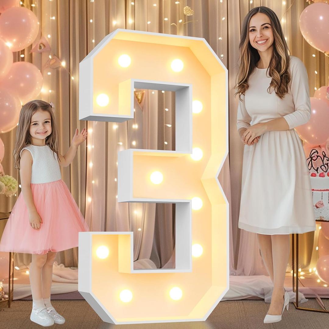 Pooqla 4 FT Light Up Marquee Numbers, Marquee Number Lights 4 Feet Tall for 3rd 13th 30th Birthday, Giant Letter Sign Big Mosaic Numbers for Balloons Party Anniversary Wedding Decorations, Number 3