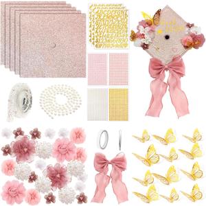 Wavwavw 58 Pcs DIY Graduation Cap Decorations Kit Grad Cap Decor Included Faux Flowers Bow Mesh 3D Butterfly Stickers, Adhesive Rhinestones, Glitter Letter Stickers, for 2026 Grad Party(Rose Pink)