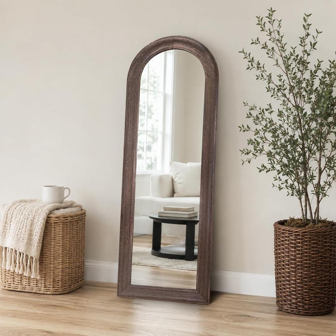 58x22 Solid Wood Arched Full Length Mirror, Elegant Brown Finish