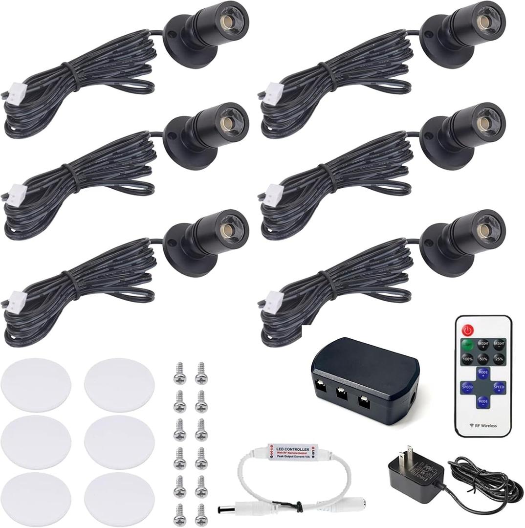 DEDC 6pcs LED Mini Spot Light, 3000K Spotlights with RF Dimmer, Art Picture Lights, Closet Spotlight for Plants Jewelry Showcase Model Display Shelves (Warm White-Remote Control- U.S. Plugs)