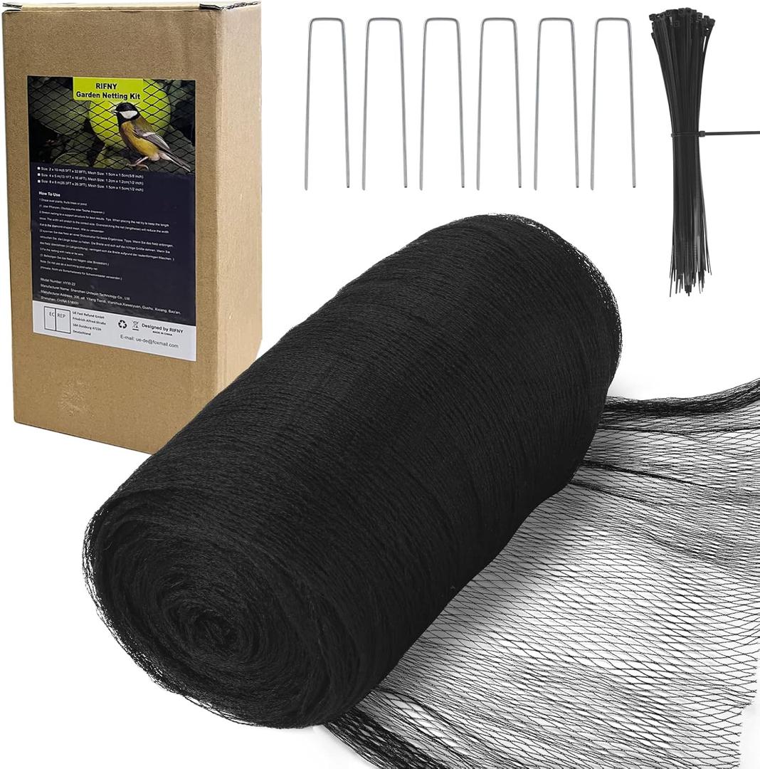 Bird Netting for Garden - 28 x 30 FT Heavy Duty Anti Bird Netting Mesh with Ties and Landscape Staples for Vegetable, Fruit Trees & Other Plants, Lasting Against Birds Deer Squirrels and Poultry