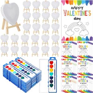 24 Sets Valentines Gift Mini Painting Set Heart Shape Canvas Wooden Easel, Watercolor Paint and Brush Kit with Valentines Cards for Exchange Gifts Party Favors