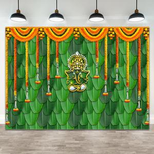 7x5ft(2.1mx1.5m) Pooja Backdrop Decoration Cloth Items Indian Ganpati Puja Traditional Chatiya Ganesh Mehndi Photography Background Festival Wedding Party Marigold Garlands Photo Booth Props Banner