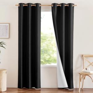 NICETOWN Vintage Open Linen Weave Flax Thermal Curtains, 100% Blackout Curtains 90 inches Long for Dining Room, Soundproof Window Treatment Drapes for Hall Room, Black, 34" Wide Per Panel, Set of 2
