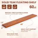 48" Solid Teak Floating Wall Shelf - Large Natural Wood Long Shelving for Wall Decor and Organization - Waterproof Solid Wood Support for Bathroom and Kitchen High-Moisture Areas, 48"W, Set of 1