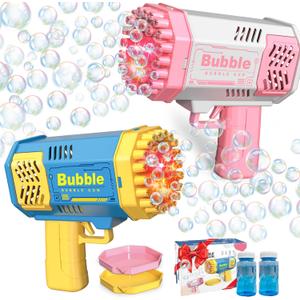 2 Bubble Gun with 2 Bottles Refill Solution for Kids, 40-Hole Light Up Bubble Machine for Toddlers 1-3, Bubble Blaster Maker, Party Favors Toys for Boys Girls 4-8 Birthday Gifts