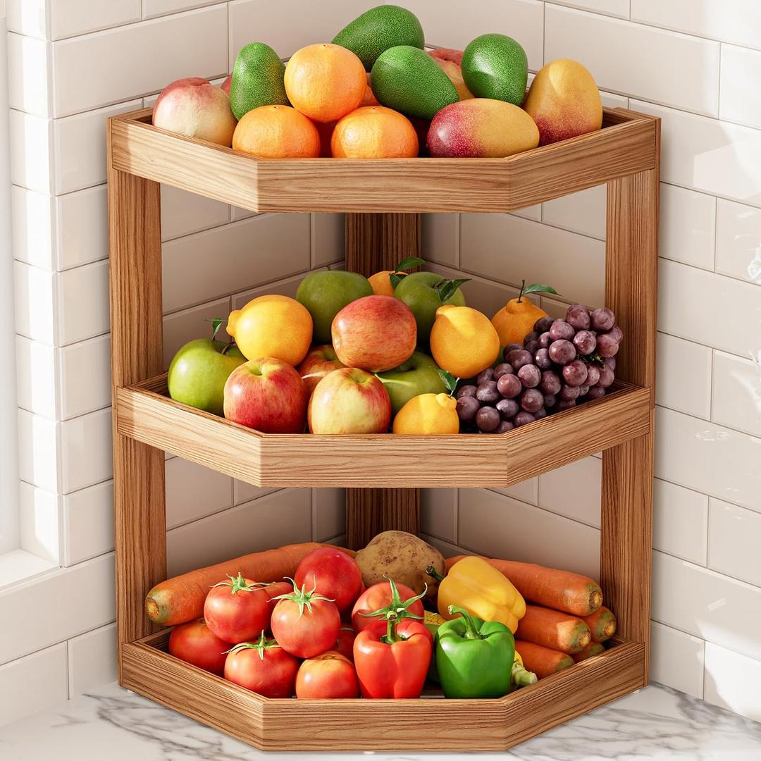 Fruit Basket for Kitchen Counter - 3 Tier Wooden Corner Fruit Basket Stand for Countertop, Large Fruit Bowl and Vegetable Storage Organizer, Fruit Holder Rack for Potato, Onion, Snack