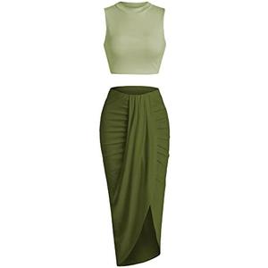 ZAFUL Women's Casual Sleeveless Summer Two Piece Outfits Crop Top and Side Split Draped Ruched Maxi Skirt Set Solid Suiting Size XL