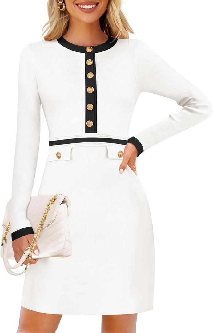 ZESICA Women's Fall Long Sleeve Bodycon Sweater Dress Crewneck Button Knit Color Block Party Mini Dresses (White, XL)