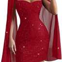 Women's Sequin Cloak Sleeve Dress Mock Neck Cocktail Long Flowy Sleeves for Going Out Fromal Prom Party (Large)