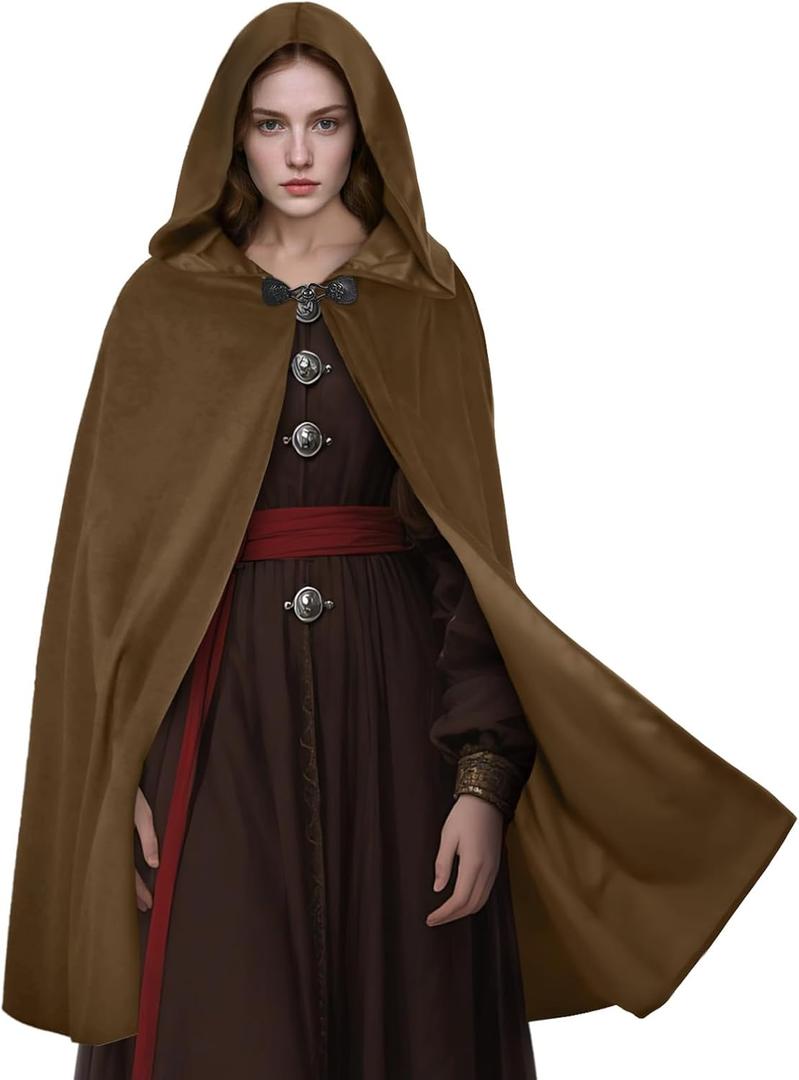 Renaissance Hooded Cloak Medieval Velvet Cape Wizard Witch Cloak Capelet Halloween Cosplay Costume for Women Men (Brown)