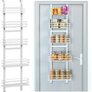 Adjustable 5-Tier Over the Door Pantry Organizer, Spice Rack, Narrow Hanging Shelf for Kitchen Storage and Organization (White)