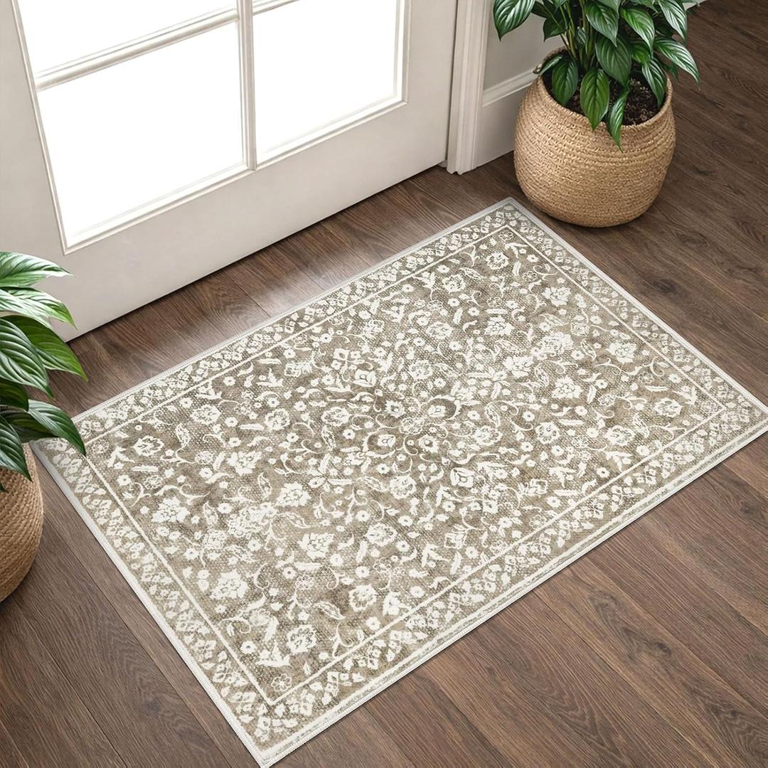 Vintage Entryway Rug Indoor, Beige Taupe Washable 2x3, Neutral Small Area Non-Slip Throw Accent Floral Kitchen Rug Print Faux Wool Super Soft Front Door Floor Carpet for Foyer Bedroom