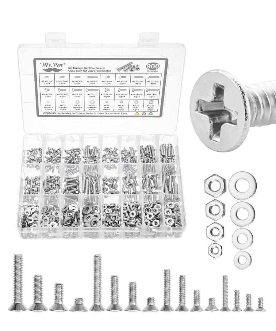 Mr. Pen- Nuts and Bolts Assortment Kit, 900 pcs, Stainless Steel, Phillips Flat Head Assorted Nuts and Bolts, Nut Bolt and Washer Assortment (900 pcs,#4-40,#6-32,#8-32,#10-24)