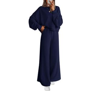 PRETTYGARDEN Women 2 Piece Outfits 2026 Spring Sweatsuits Crewneck Sweatshirt Wide Leg Sweatpants Lounge Sets Tracksuit (Blue, XS)