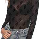 Women's Long Sleeve Mesh Tops See Through Sheer Tee Shirts Mock Neck Floral Embroidery Tops for Layering (Large, Bow Black)