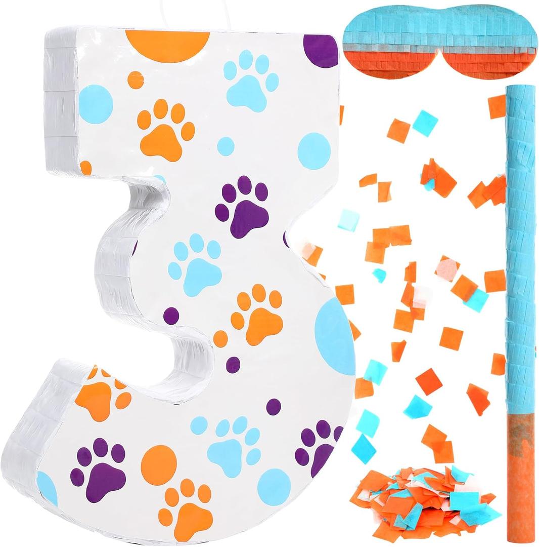 Number 3 Blue Dog Paw Piata with Bat Blindfold and Confetti 3rd Birthday Party Decoration Anniversary Celebration, 16 x 11 x 2.8 Inches Small