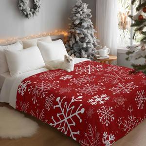 Winter White Snowflake on Red Flannel Throw Blanket Fleece Blankets,Seamless Christmas Theme Soft Warm Cozy Throws Lightweight Fuzzy Blanket for Sofa Couch Bed Car All Season Use, 60x80 In