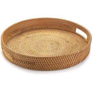 16.9 inch Round Rattan Tray, Woven Large Serving Tray with Handles, Wicker Serving Basket, Coffee Table Decor for Living Room, Whitewash