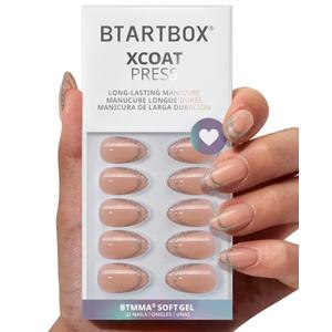 BTArtbox French Tip Press On Nails - Sliver Bells, Lamp-Curable Short Almond Press On Nails with Glue and Adhesive Tabs for Women in 16 Sizes - 32 Soft Gel Glue On Nails Kit