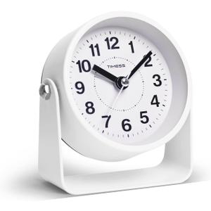 TIMESS Analog Alarm Clock, Silent Non-Ticking Quartz Movement, Battery-Operated with Snooze & On-Demand Light, Easy to Set Gentle Wake Bedside Desk Clock, Ideal for Home, Travel, Office (White)