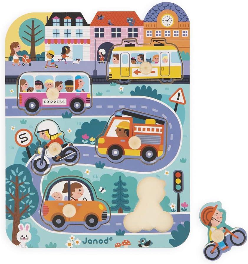 Janod - Babies Wooden Puzzle - 6 Pieces with Pegs - City Theme - Recessed Puzzle - Early-Learning Toy - 18 Months + J07106