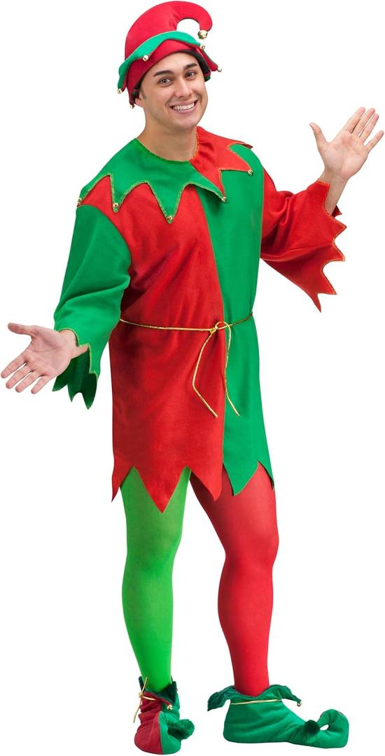 Fun World Costumes Men's Adult Promotional Elf Set. Hat Tunic Shoes (Red/Green)