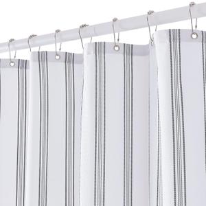 ORTIGIA Black and White Striped Shower Curtain with 12 Metal Hooks, Crinkled Lightweight Textured Fabric Modern Farmhouse Minimalist Bathroom Curtain 72x78 Inch