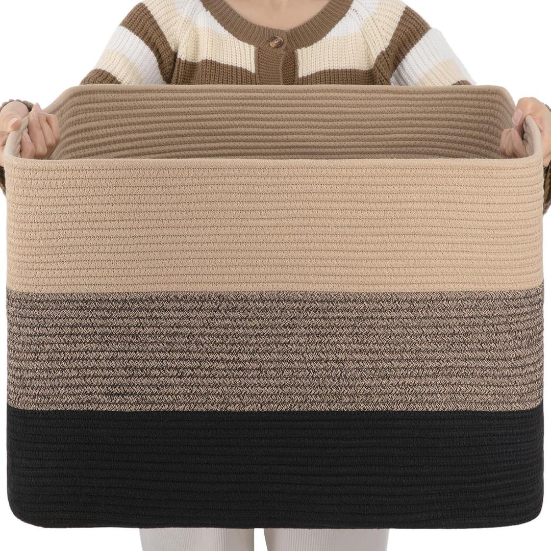OIAHOMY 108L Large Cotton Rope Basket, Rectangle Woven Baskets for Storage, Nursery Blanket Storage Living Room, Toy Basket With Handle-25x16x16-Yellow Black