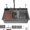 Double Waterfall Kitchen Sink 33 x 22 in 9 Gauge Stainless Steel Smart Kitchen Sink Digital Display Modern Sinks With Soap Dispenser Single Bowl Workstation Sinks With Pull-out Faucet