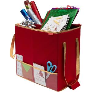 Simplify Gift Bag Organizer | Dimensions: 10.5"x 16"x 16" | Stores Gift Bags | Ribbon | Tissue Paper | Gift Cards | Large Reinforced Handles | Red | Holiday Storage | Collapsible
