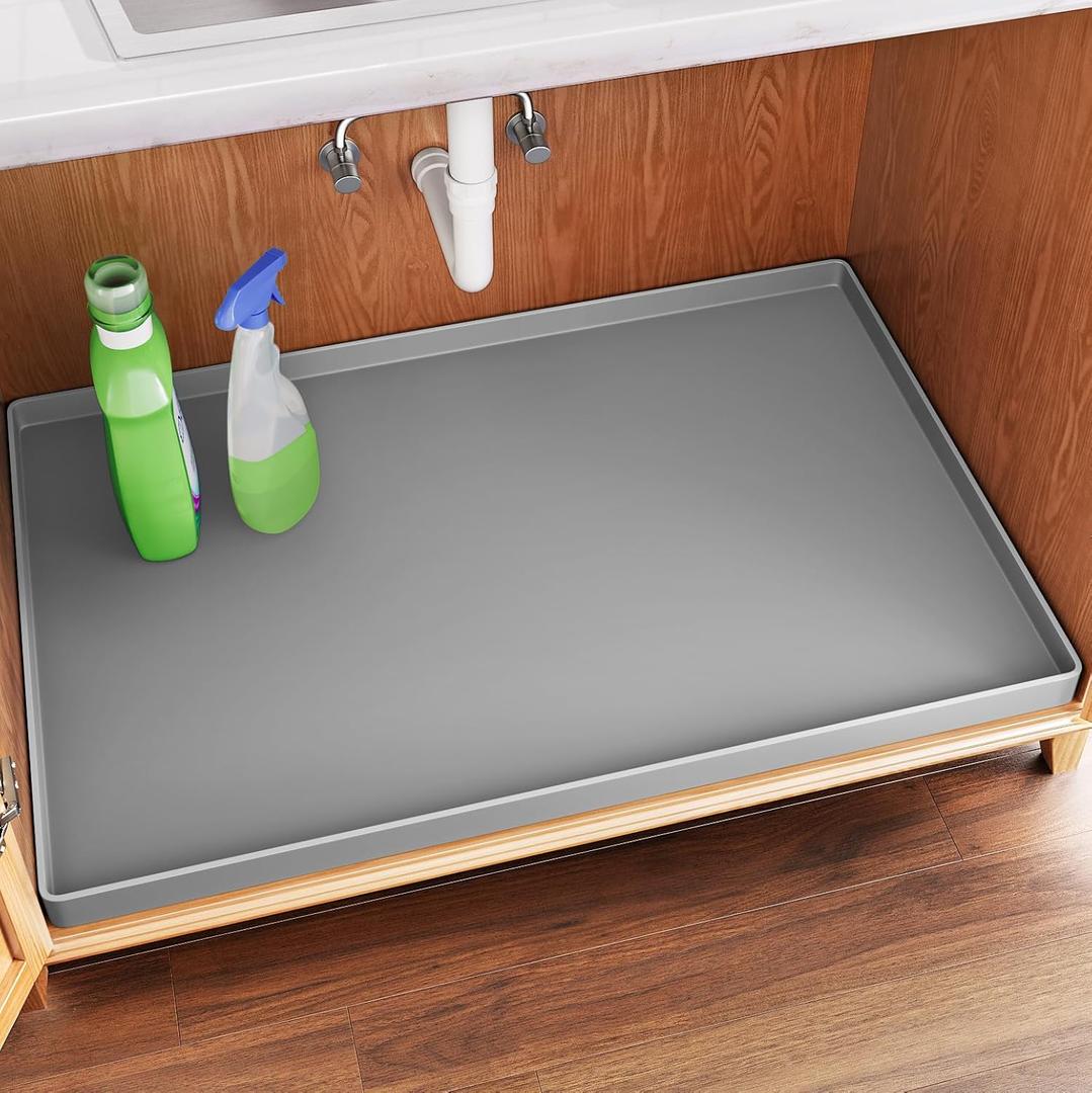 FLATO Waterproof Under Sink Mat 34" x 22" Shelf Liner for Kitchen and Bathroom, Cabinet Protector, Organizers and Storage, Flexible Silicone Drip Tray (Light Gray)