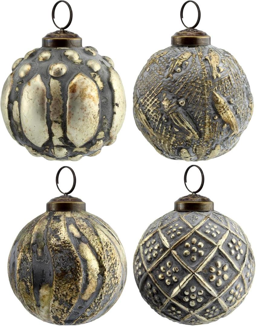 AuldHome Design Farmhouse Ball Ornaments (Set of 4, Antique Gold); Distressed Metal Glass Ball Vintage Style Christmas Decorations