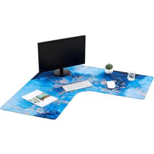 L Shaped Desk Mat 33'' Large Rubber Printing Mouse Corner Pad Long Extended Non-Slip Rubber Desk Mat Computer Protection Supplies(Blue)