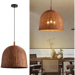 3-Light Dark Curry Rattan Pendant Light,17.7" Rustic Hanging Light,Brown Wicker Pendant Light Hand-Woven Rattan Chandelier for Workplace Restaurants Dining Living Kitchen Farmhouse