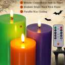 3 Pcs Flameless Candles Battery Operated Wax LED Flickering Flameless Pillar Candles with Remote for Halloween Christmas Home Wedding Autumn Decor(Orange,Purple,Green)
