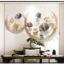 CDDUOLA 3D Room Wall Decor, Handmade Art Metal Round Golden Ginkgo Leaf Decorative Wall Sculpture for Home Living Room And Bedroom, Pack of 2 (43.3L" x 26.4W")