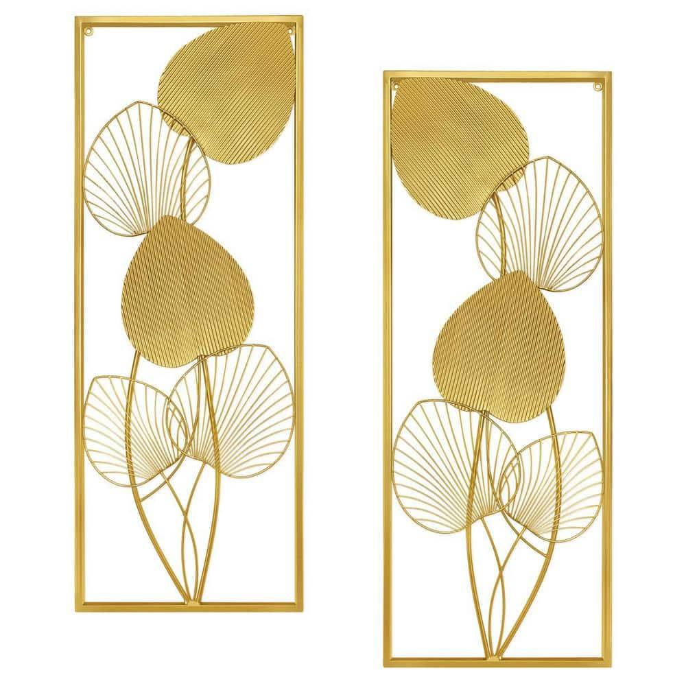 32 in. x 12 in. Gold Large Leaf Metal Wall Art for Living Room, Art Wall Sculpture, Wall Architectural Decor (Set of 2)