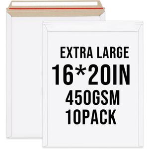 10 Pack 16 x 20 Inch Rigid Mailer 450gsm White Self Seal Photo Document Mailers Stay Flat Bulk Cardboard Envelopes Photography Mailers for Papers, Photos, Document and Magazine