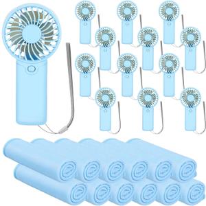 24 Pcs Summer Gifts Sets Includes 40"x12" Cooling Towels and Mini Handheld Fan Bulk, Workout Towel Sweat Towels for Neck and Face, Portable Small Fan for Hot Weather Gym Team Travel (Blue)