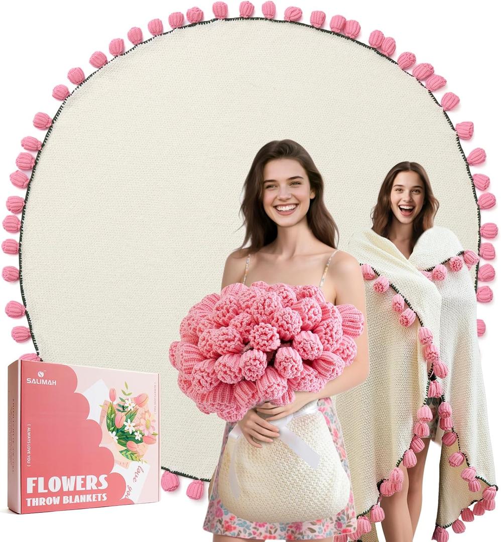 Flower Bouquet Blanket,Gifts for Grandkids Mom Grandma Wife Girlfriend Christmas,Completed Crochet Flower Blanket,Soft Knitted Throw Blankets,Housewarming Gifts for Birthday Anniversary(Pink Roses)